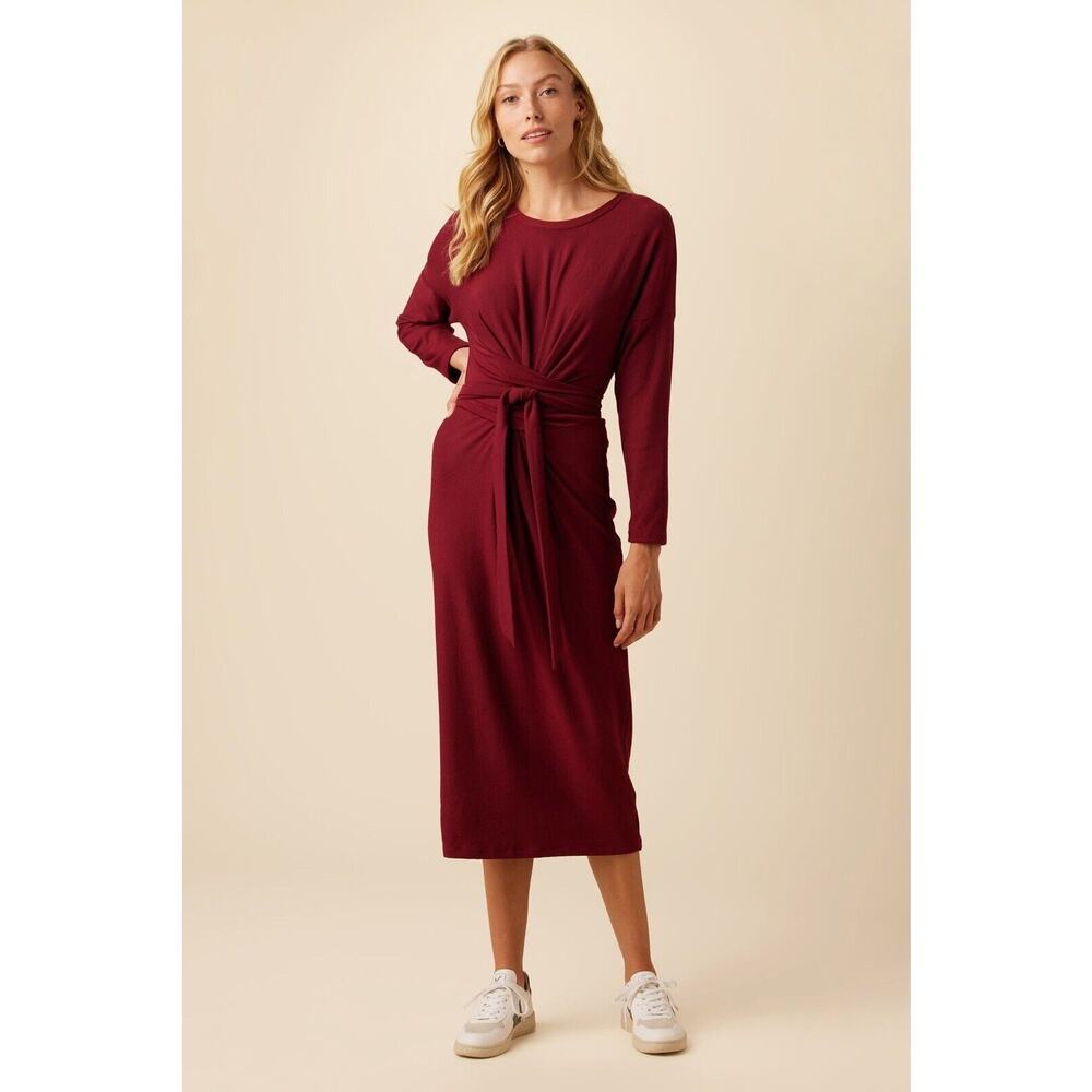 Amour Vert Russo Luxe Fleece Midi Dress Wrap Tie in Mulberry Long Sleeve Size XL